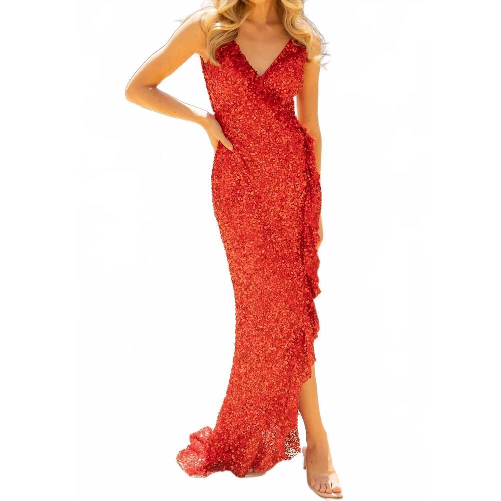NEW PRIMAVERA v-neck ruffled sequin evening gown in red
